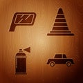 Set Car, Car mirror, Paint spray can and Traffic cone on wooden background. Vector