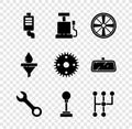Set Car muffler, air pump, Alloy wheel, Wrench spanner, Gear shifter, Funnel and oil drop and icon. Vector Royalty Free Stock Photo