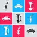 Set Car muffler, Car and Signal horn on vehicle icon. Vector Royalty Free Stock Photo