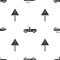 Set Car, Pickup truck and Exclamation mark in triangle on seamless pattern. Vector Royalty Free Stock Photo