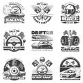 Set of car racing black monochrome emblems, labels, logos and championship race badges with descriptions of classic Royalty Free Stock Photo