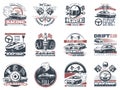 Set of car racing colored emblems, labels, logos and championship race badges with descriptions of classic garage, drift club Royalty Free Stock Photo