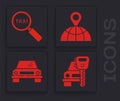 Set Car rental, Magnifying glass and taxi car, Location on the globe and Car icon. Vector