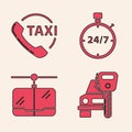 Set Car rental, Taxi call telephone service, Stopwatch 24 hours and Cable car icon. Vector