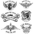 Set of car repair and racing emblems. Spark plug with wings, racer skull, pistons and wheel. Design elements for logo, label, bad