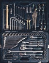 Set of car repair tools in plastic box. Toolkit of various tools in the box. Toolbox.