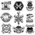 Set of car repair workshop emblems. Design element for logo, label, emblem, sign, poster. Royalty Free Stock Photo