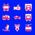 Set Car, Scooter, Cable car, Delivery cargo truck, Windsurfing, Bus, and Trolleybus icon. Vector