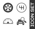 Set Car search, Car wheel, Speedometer and Gear shifter icon. Vector