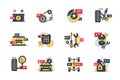 Set car service icons with tires, motor, transmission, repair tool.