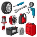 Set of car service objects illustration. Auto center repair and transport items. Royalty Free Stock Photo