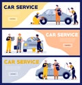 Set of car service scene templates, tire workshop in flat style Royalty Free Stock Photo