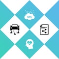 Set Car sharing, Head with heartbeat, Methane emissions reduction and Share file icon. Vector
