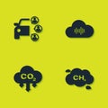 Set Car sharing, Methane emissions reduction, CO2 cloud and Music streaming service icon. Vector Royalty Free Stock Photo