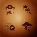 Set Car sharing, rental, Price negotiation and Search house on wooden background. Vector