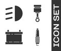 Set Car spark plug, High beam, Car battery and Engine piston icon. Vector Royalty Free Stock Photo