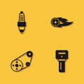 Set Car spark plug, key with remote, Timing belt kit and Wheel fire flame icon with long shadow. Vector