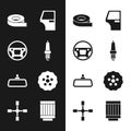 Set Car spark plug, Steering wheel, Scotch tape, door, mirror, Gear, air filter and Wheel wrench icon. Vector Royalty Free Stock Photo