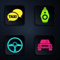 Set Car, Taxi call telephone service, Steering wheel and Car key with remote. Black square button. Vector Royalty Free Stock Photo