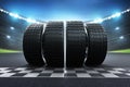 Set car tires on race track 3d illustrations Royalty Free Stock Photo