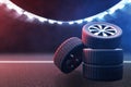 Set car tires on race track 3d illustrations Royalty Free Stock Photo