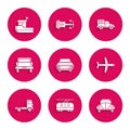 Set Car, Tram and railway, Volkswagen beetle, Plane, Delivery cargo truck vehicle, Pickup, and Fishing boat icon. Vector Royalty Free Stock Photo