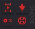 Set Car wheel, Chassis car, Funnel or filter and motor oil drop and Timing belt kit icon. Vector