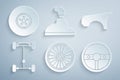 Set Car wheel, fender, Chassis car, Steering, Gear shifter and brake disk icon. Vector