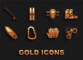 Set Carabiner, Boots, Bicycle trick, Gloves, Surfboard, Knee pads, and Ski and sticks icon. Vector