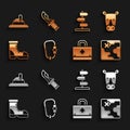 Set Carabiner, Rhinoceros, Africa safari map, First aid kit, Hunter boots, Road traffic sign, hat and knife icon. Vector