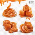 Set with caramel candies covered pouring sweet dessert sauce isolated on white background. Liquid creamy syrup. Toffee cream for