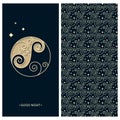Set with a card with circle logo template stars and words good night and seamless vector pattern with geometric spiral waves