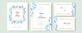 Set of card with flower rose, leaves. Wedding white blue and gold concept. Floral poster, invite. Vector decorative greeting card