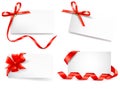 Set of card note with red gift bows with ribbons. Royalty Free Stock Photo