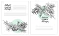 Set card template with pattern realistic botanical ink sketch of fir tree branches with pine cone on white background Royalty Free Stock Photo