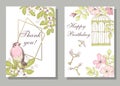 Set of card with wiid rose, robin bird, cage, keys, leaves and g