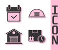 Set Cardboard box and fast time, Calendar with check mark, Warehouse and Hangar icon. Vector Royalty Free Stock Photo