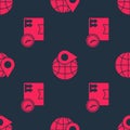 Set Cardboard box and fast time and Location on the globe on seamless pattern. Vector