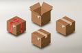 Set of cardboard boxes. Realistic carton box. Adhesive tape, duct tape. Sign of delicate delivery box with a print. Destination