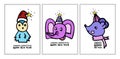 A set of cards for Christmas and New Year with a colorful penguin, elephant, a mouse in a cap with a glowing star and a