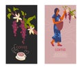Set cards for coffeeshop or coffee package template woman and coffee bush.