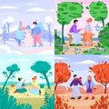 Set of cards with couple in four year seasons cartoon vector illustration
