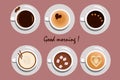 Set of cards with cups and coffee. Top view of a different assortment of coffees. Royalty Free Stock Photo