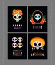 Set of cards for Dia de los Muertos withy skulls