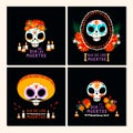 Set of cards for Dia de los Muertos withy skulls