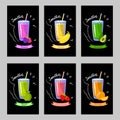 Set of cards with different smoothies on a black background