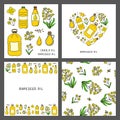 Set of cards with doodle canola or rapeseed oil, flowers. Royalty Free Stock Photo