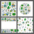 Set of cards with doodle ecology icons. Royalty Free Stock Photo