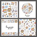 Set of cards with doodle hygge icons. Royalty Free Stock Photo
