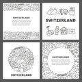 Set of cards with doodle outline Switzerland travel icons.